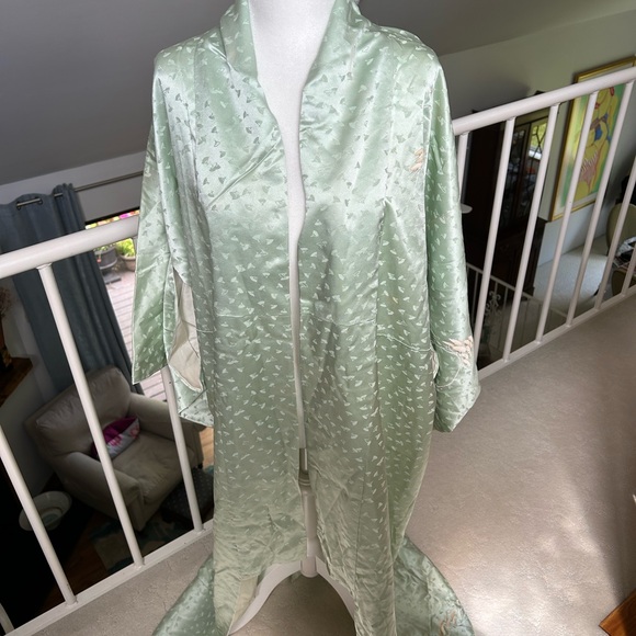 Beautiful Vintage Japanese Kimono Silk Sage Sea Green Fan Uchiwa Cotton Flower - Picture 8 of 12